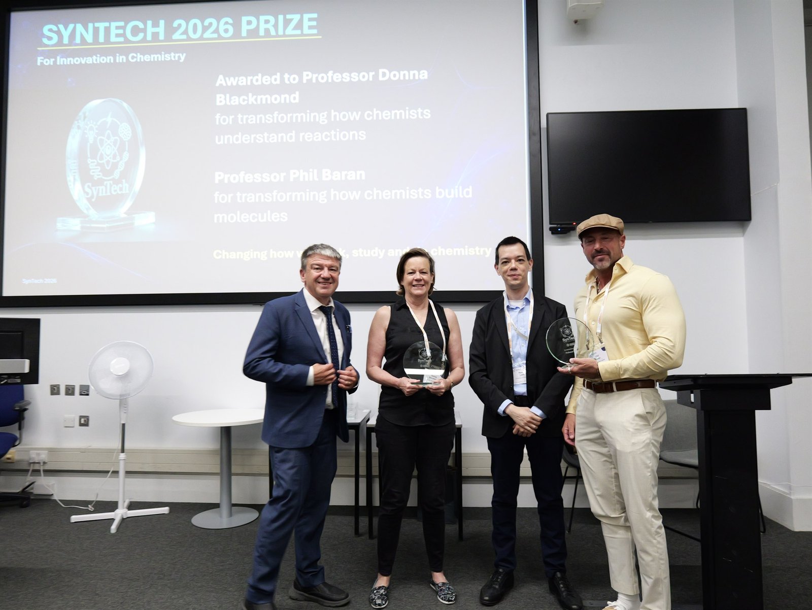 Professor Andrew Westby, Professor Donna Blackmond, Professor Kevin Lam and Professor Phil Baran at the SynTech 2026 Prize presentation