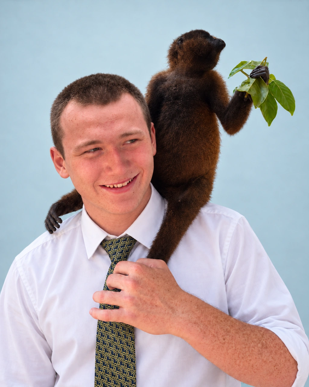 Conall Molloy with a monkey on his shoulder