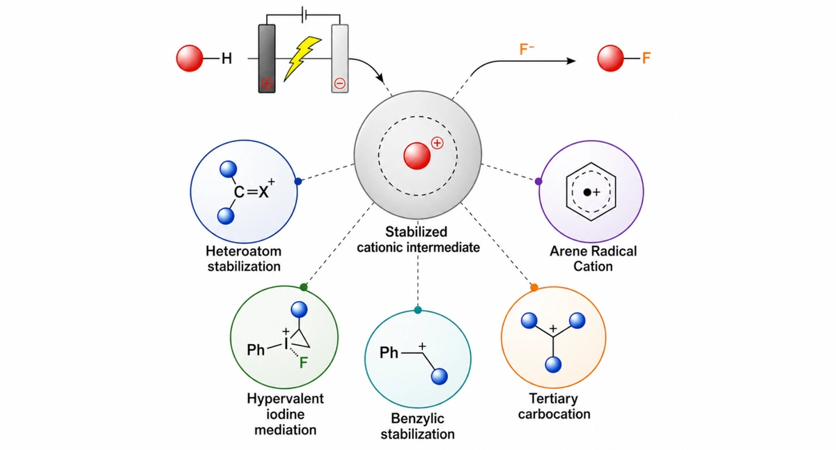 Graphical abstract showing cation-controlled electrochemical C–F bond formation through stabilised reactive intermediates